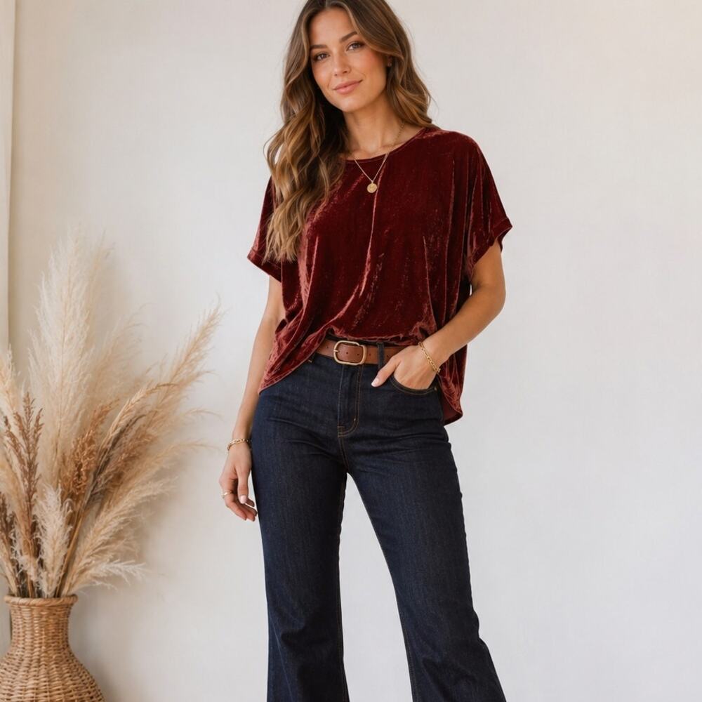 Madewell Burnt Orange Crushed Velvet Blouse Womens S Short Sleeve Fall Boho Top